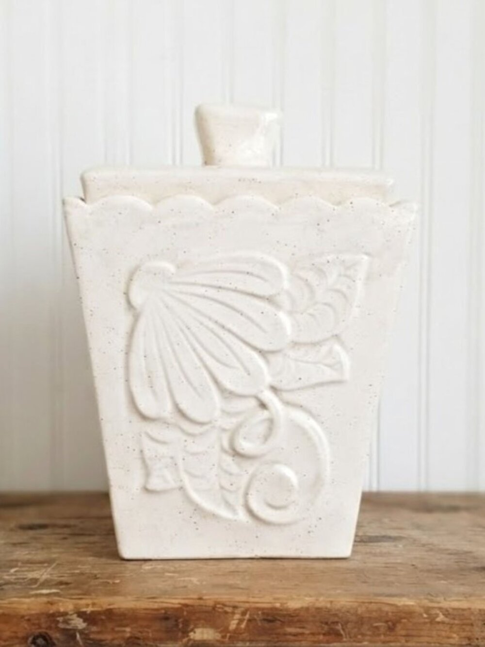 Vintage Ceramic Kitchen Canister with Lid Floral Embossed 4-Sided Beige Speckled
